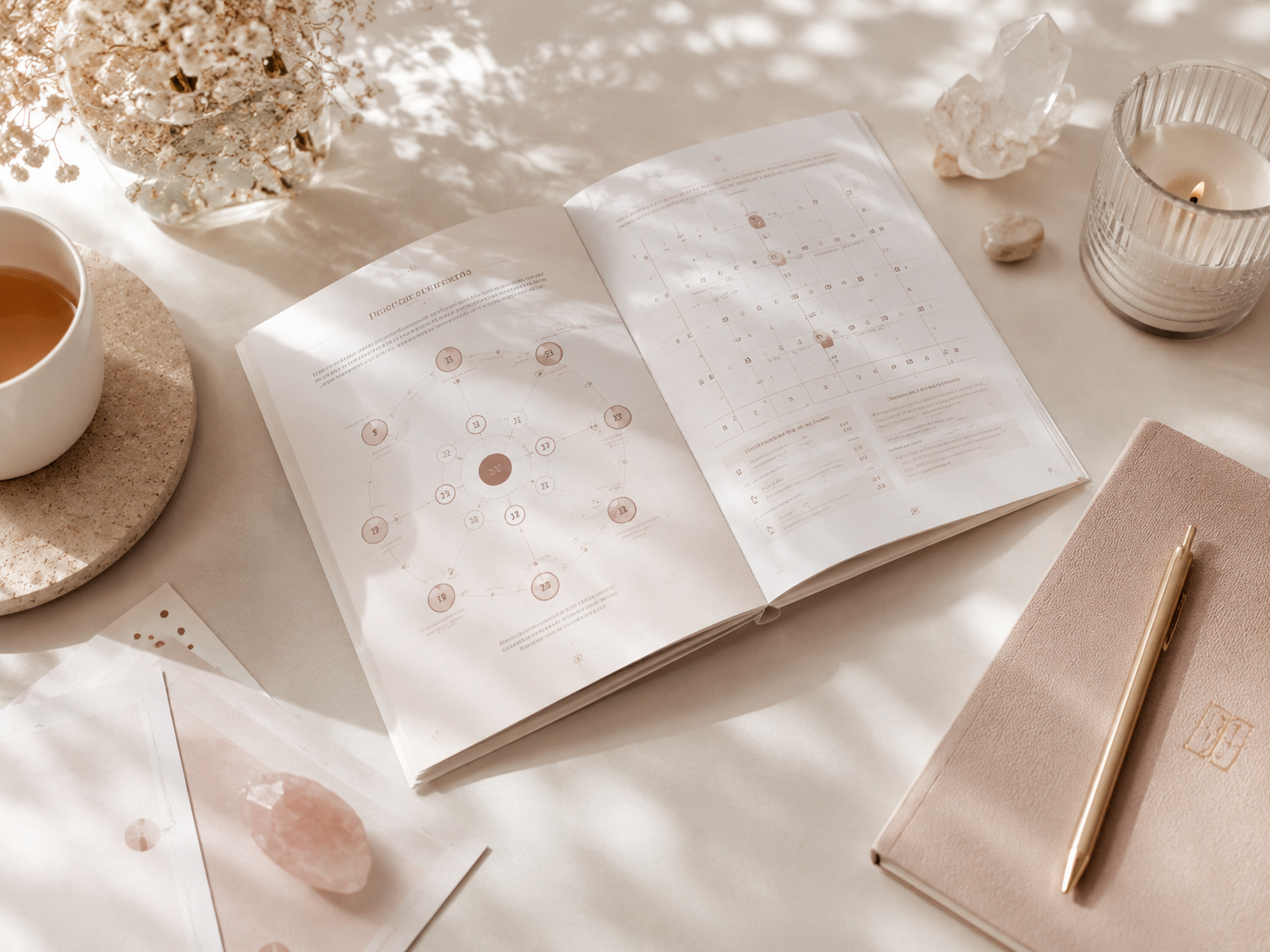 Mapa numerológico, caderno, vela e materiais de autoconhecimento